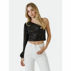 Endless Rose One Sleeve Asymmetrical Sequins Crop Top Tops Black
