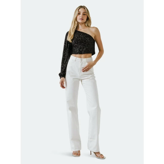 Endless Rose One Sleeve Asymmetrical Sequins Crop Top Tops Black 2 Endless Rose One Sleeve Asymmetrical Sequins Crop Top Tops Black - Image 2