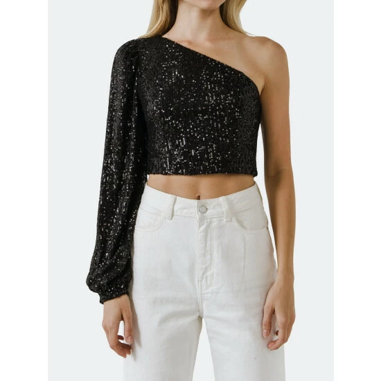 Endless Rose One Sleeve Asymmetrical Sequins Crop Top Tops Black 5 Endless Rose One Sleeve Asymmetrical Sequins Crop Top Tops Black - Image 5