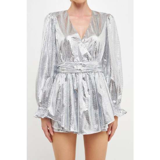 Endless Rose Faux Snakeskin Shorts Romper Jumpsuits & Rompers Silver - Image 3