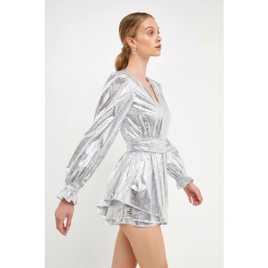 Endless Rose Faux Snakeskin Shorts Romper Jumpsuits & Rompers Silver - Image 4