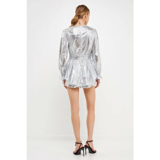 Endless Rose Faux Snakeskin Shorts Romper Jumpsuits & Rompers Silver - Image 5