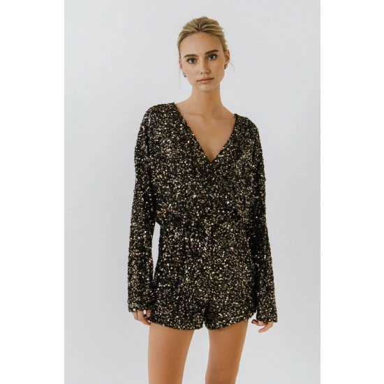 Endless Rose 2d Sequins Wrapped Romper Jumpsuits & Rompers Black/ Gold