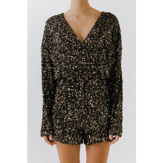 Endless Rose 2d Sequins Wrapped Romper Jumpsuits & Rompers Black/ Gold - Image 5