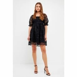 Endless Rose Floral Embroidery Babydoll Dress - Black Dresses