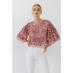 Endless Rose Flutter Sleeve Sequins Short Top Tops Pink