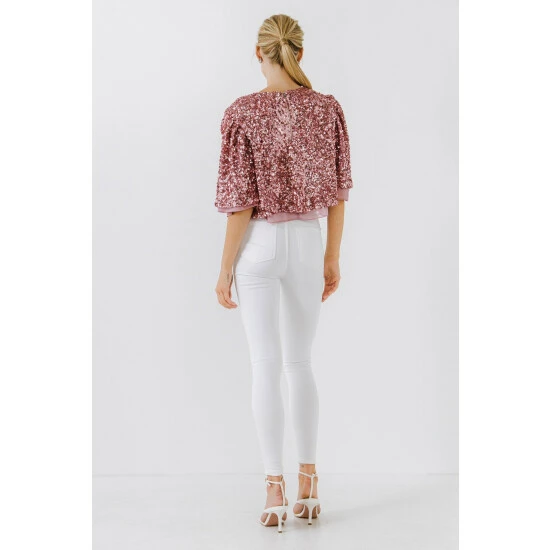 Endless Rose Flutter Sleeve Sequins Short Top Tops Pink - Image 4