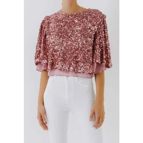 Endless Rose Flutter Sleeve Sequins Short Top Tops Pink - Image 5