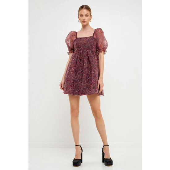 Endless Rose Floral Puff Mini Dress - Burgundy Dresses