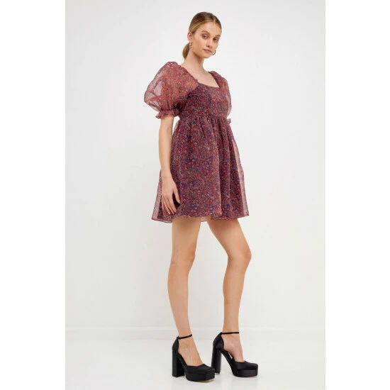 Endless Rose Floral Puff Mini Dress - Burgundy Dresses - Image 3
