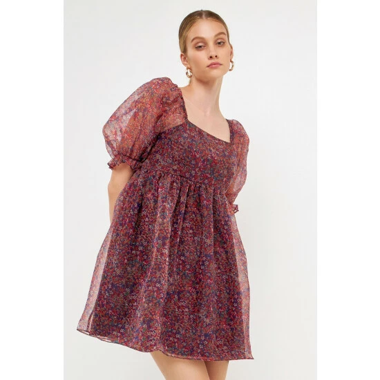 Endless Rose Floral Puff Mini Dress - Burgundy Dresses - Image 4