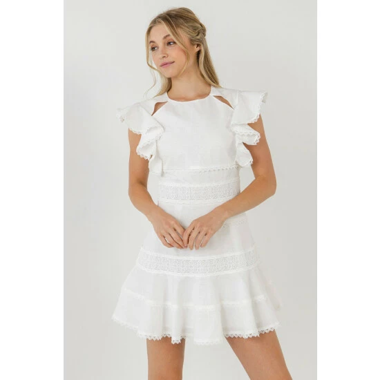 Endless Rose Lace Trimmed Ruffle Sleeve Dress With Cutout Dresses White