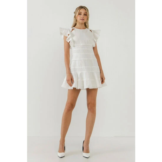 Endless Rose Lace Trimmed Ruffle Sleeve Dress With Cutout Dresses White - Image 2