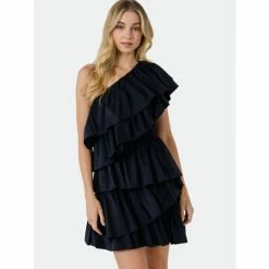 Endless Rose One-Shoulder Ruffled Mini Dress Dresses Black