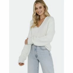 Endless Rose V- Neckline Long Sleeve Sweater Sweatshirts & Sweaters Cream