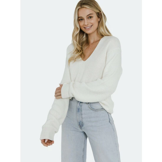 Endless Rose V- Neckline Long Sleeve Sweater Sweatshirts & Sweaters Cream