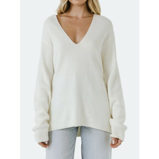 Endless Rose V- Neckline Long Sleeve Sweater Sweatshirts & Sweaters Cream - Image 3
