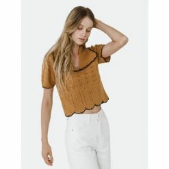 Endless Rose Short Puff Sleeve Scalloped Knit Top Tops Dusty Rose