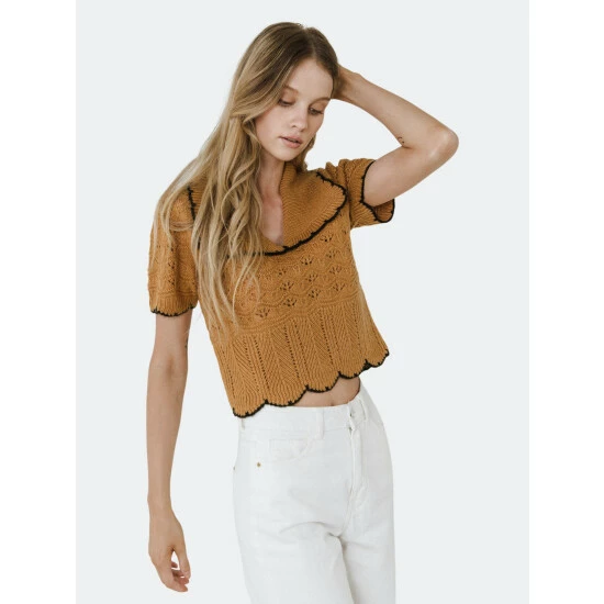 Endless Rose Short Puff Sleeve Scalloped Knit Top Tops Dusty Rose