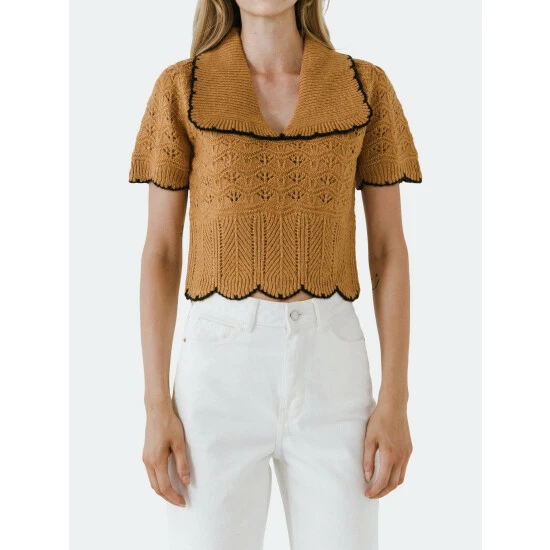 Endless Rose Short Puff Sleeve Scalloped Knit Top Tops Dusty Rose - Image 4