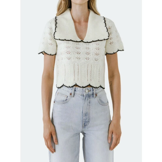 Endless Rose Short Puff Sleeve Scalloped Knit Top Tops Dusty Rose - Image 9