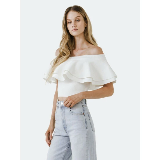 Endless Rose Off-Shoulder Crop Knit Top Tops White