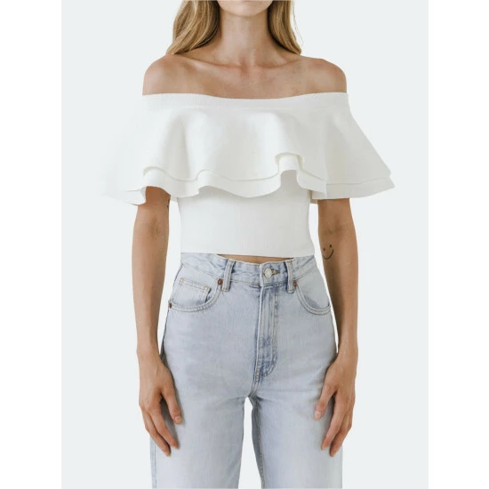 Endless Rose Off-Shoulder Crop Knit Top Tops White - Image 3