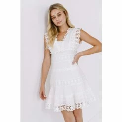 Endless Rose Plunging Neck Lace Trim Dress Dresses White