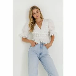 Endless Rose Combination Eyelet Lace Top Tops White