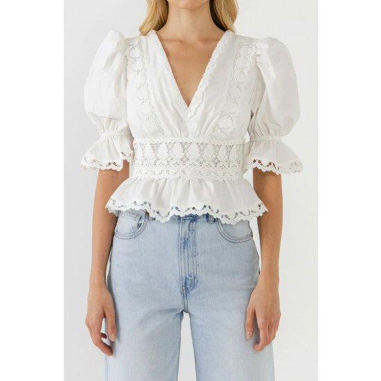 Endless Rose Combination Eyelet Lace Top Tops White - Image 5
