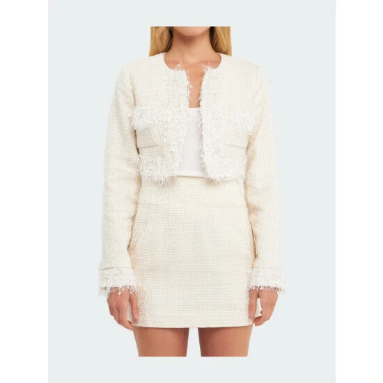 Endless Rose Trimmed Feather Cropped Blazer Coats, Jackets & Blazers Ivory - Image 5