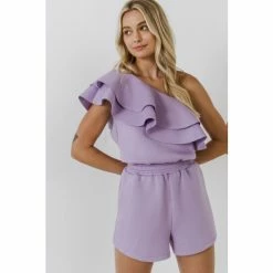 Endless Rose Tiered Layer One Shoulder Romper Jumpsuits & Rompers Lilac