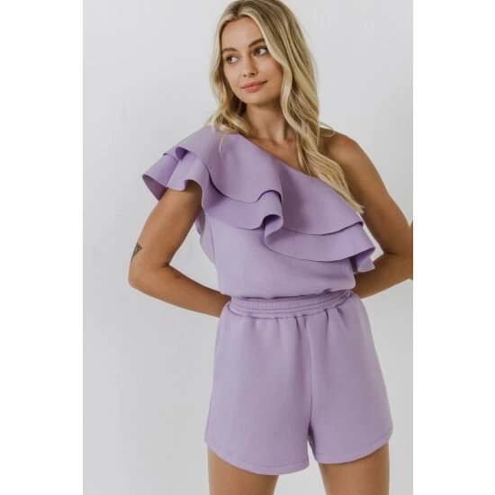 Endless Rose Tiered Layer One Shoulder Romper Jumpsuits & Rompers Lilac