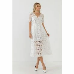 Endless Rose All Over Lace Short Sleeves Midi Dress Dresses White