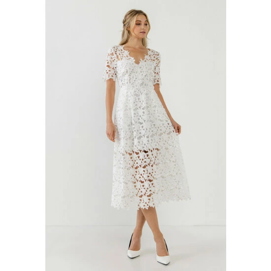 Endless Rose All Over Lace Short Sleeves Midi Dress Dresses White