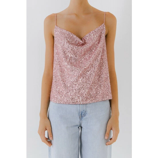 Endless Rose Sequins Cowl Neck Top Tops Pink - Image 10