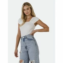 Endless Rose Accent Shoulder Knit Crop Top Tops White