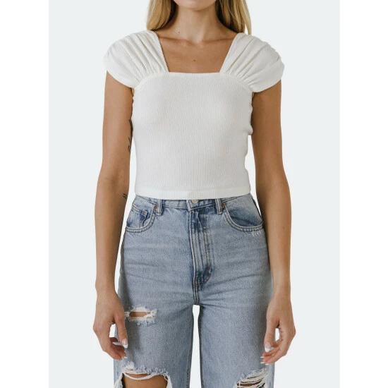 Endless Rose Accent Shoulder Knit Crop Top Tops White - Image 2