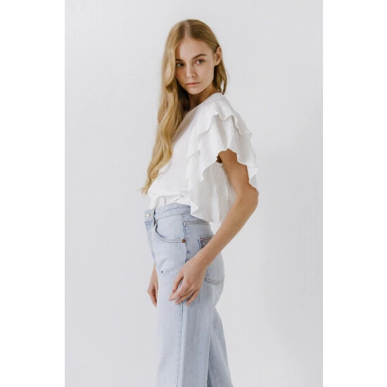 Endless Rose Textured Ruffle Sleeve T-Shirt Tops White