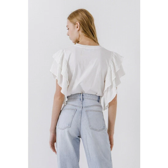 Endless Rose Textured Ruffle Sleeve T-Shirt Tops White - Image 3