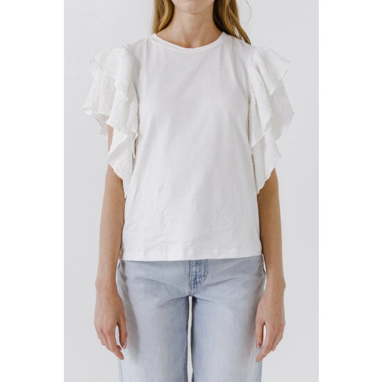 Endless Rose Textured Ruffle Sleeve T-Shirt Tops White - Image 4