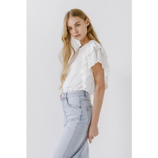 Endless Rose Textured Ruffle Sleeve T-Shirt Tops White - Image 5