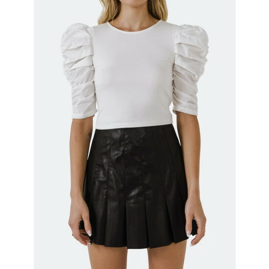 Endless Rose Mixed Media Puff Sleeve Top Tops Black - Image 2