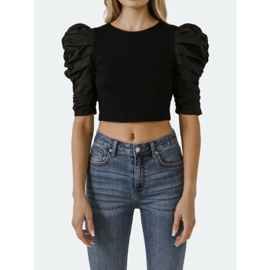 Endless Rose Mixed Media Puff Sleeve Top Tops Black - Image 6