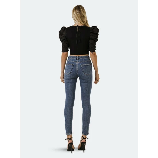 Endless Rose Mixed Media Puff Sleeve Top Tops Black - Image 7