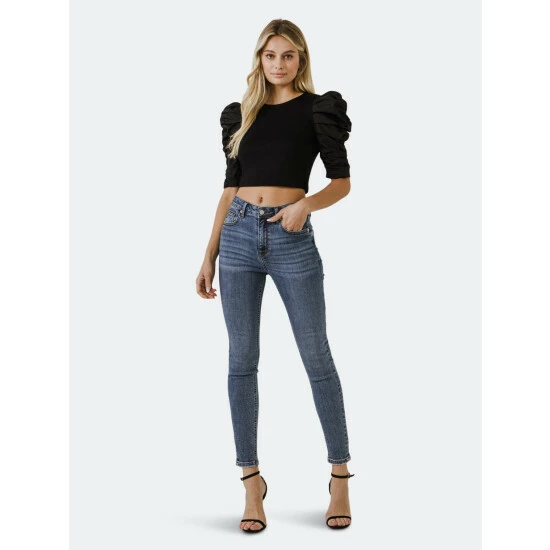 Endless Rose Mixed Media Puff Sleeve Top Tops Black - Image 8