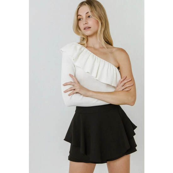 Endless Rose One Shoulder Ruffle Top Tops White