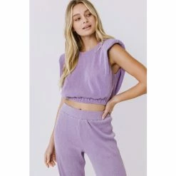 Endless Rose Pleated Shoulder Pad Top Tops Purple