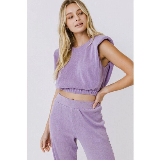 Endless Rose Pleated Shoulder Pad Top Tops Purple