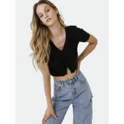 Endless Rose Short Sleeve Ruffled Knit Top Tops Black